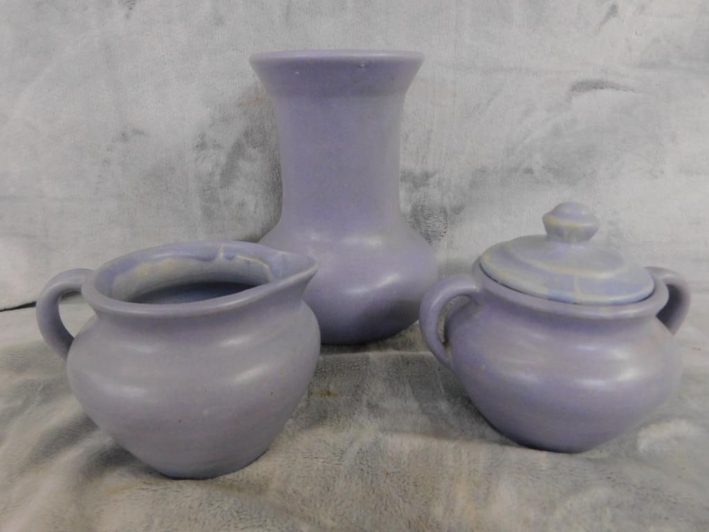 1926 Sesqui Centnl - Blue Gray Glaze Pottery - Phila PA - Cream and Sugar - Vase - 10