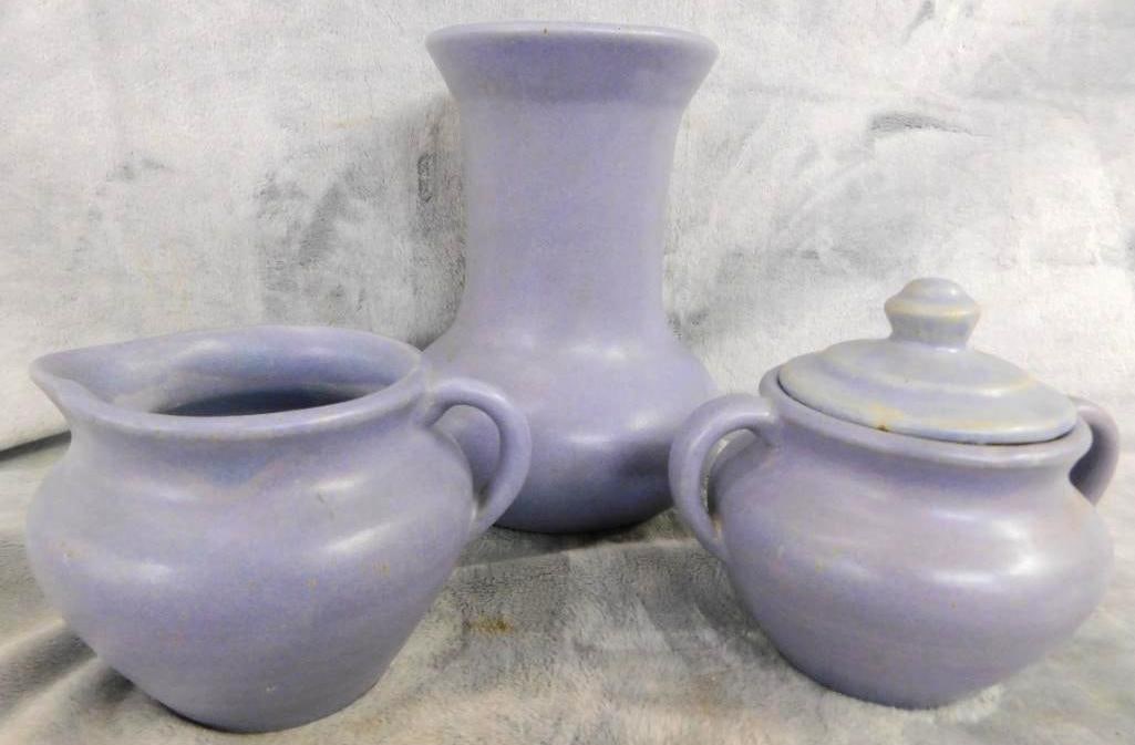 1926 Sesqui Centnl - Blue Gray Glaze Pottery - Phila PA - Cream and Sugar - Vase: Vase 7" x 5.5" - Cream and Sugar 3.5" and 4.5" Tall - See Photos For Condition and Details