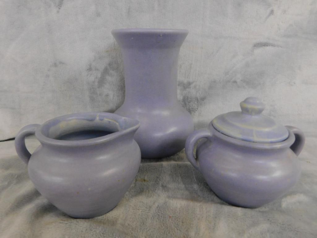 1926 Sesqui Centnl - Blue Gray Glaze Pottery - Phila PA - Cream and Sugar - Vase - 9