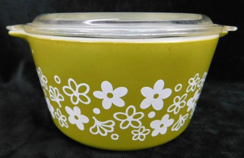 Pyrex Lidded Casserole - Spring Blossom Pattern - 3.75" x 8" x 6.25" - Chip In Lid: See Photos For Condition and Details