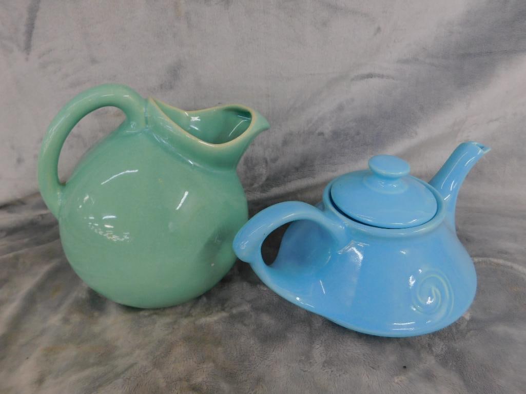 USA Pottery Water Pitcher 8.5" x 8.5" x 7" - Teapot 5.5" x 10.5" x 7.5" Lid Has Crack - 11