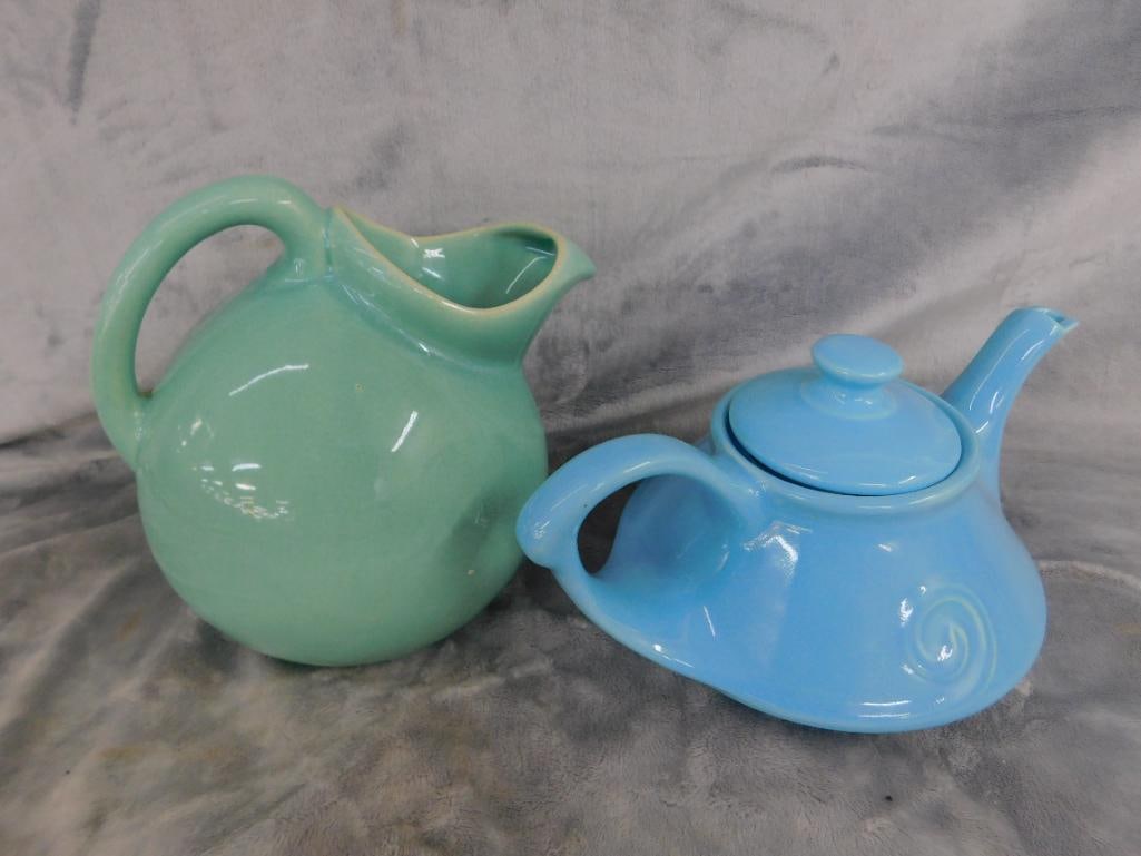 USA Pottery Water Pitcher 8.5" x 8.5" x 7" - Teapot 5.5" x 10.5" x 7.5" Lid Has Crack - 12
