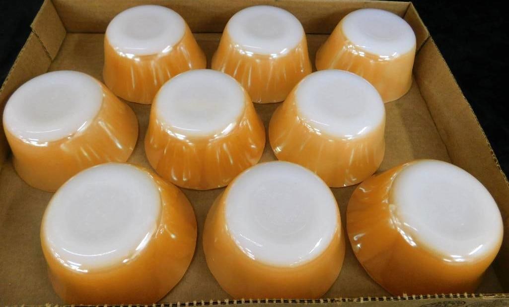 Set of 9 Fire king Iridescent Gold Custard Dishes - Each 1.75" x 3.75": See Photos For Condition and Details