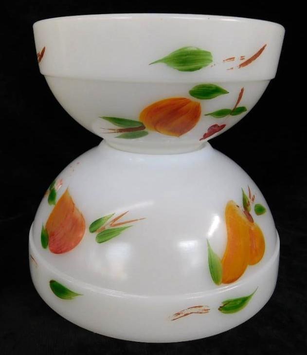 Pair of Fire King Glass Mixing Bowl - Fruit - 7.5" and 6" - Large 1 Has Missing Graphics: See Photos For Condition and Details