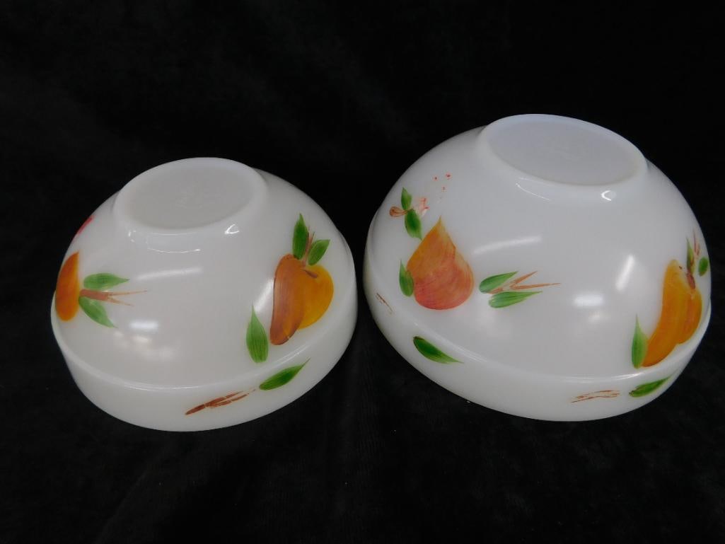 Pair of Fire King Glass Mixing Bowl - Fruit - 7.5" and 6" - Large 1 Has Missing Graphics - 2