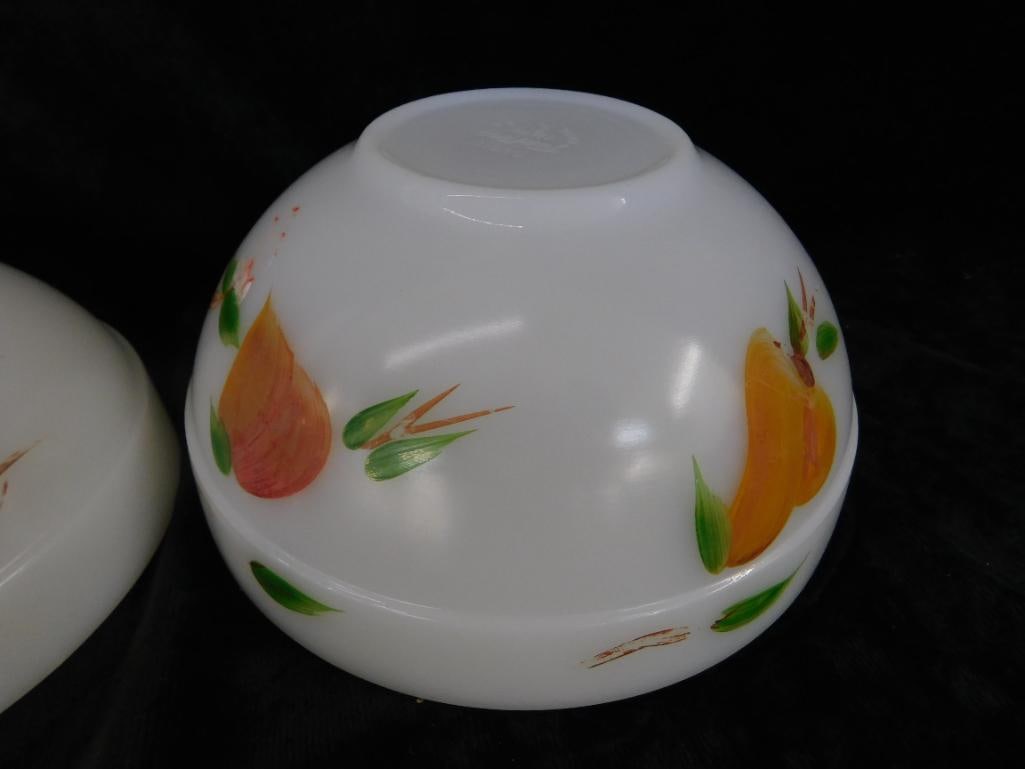 Pair of Fire King Glass Mixing Bowl - Fruit - 7.5" and 6" - Large 1 Has Missing Graphics - 6