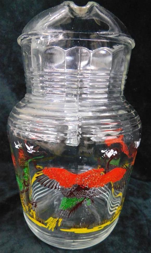 Vintage Glass Iced Tea / Water Pitcher - Pheasant Theme - 9.25" x 7" x 6": See Photos For Condition and Details