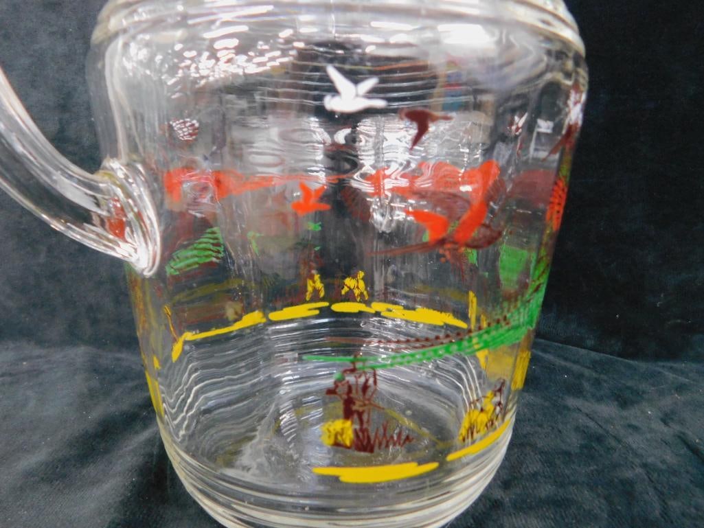 Vintage Glass Iced Tea / Water Pitcher - Pheasant Theme - 9.25" x 7" x 6" - 4