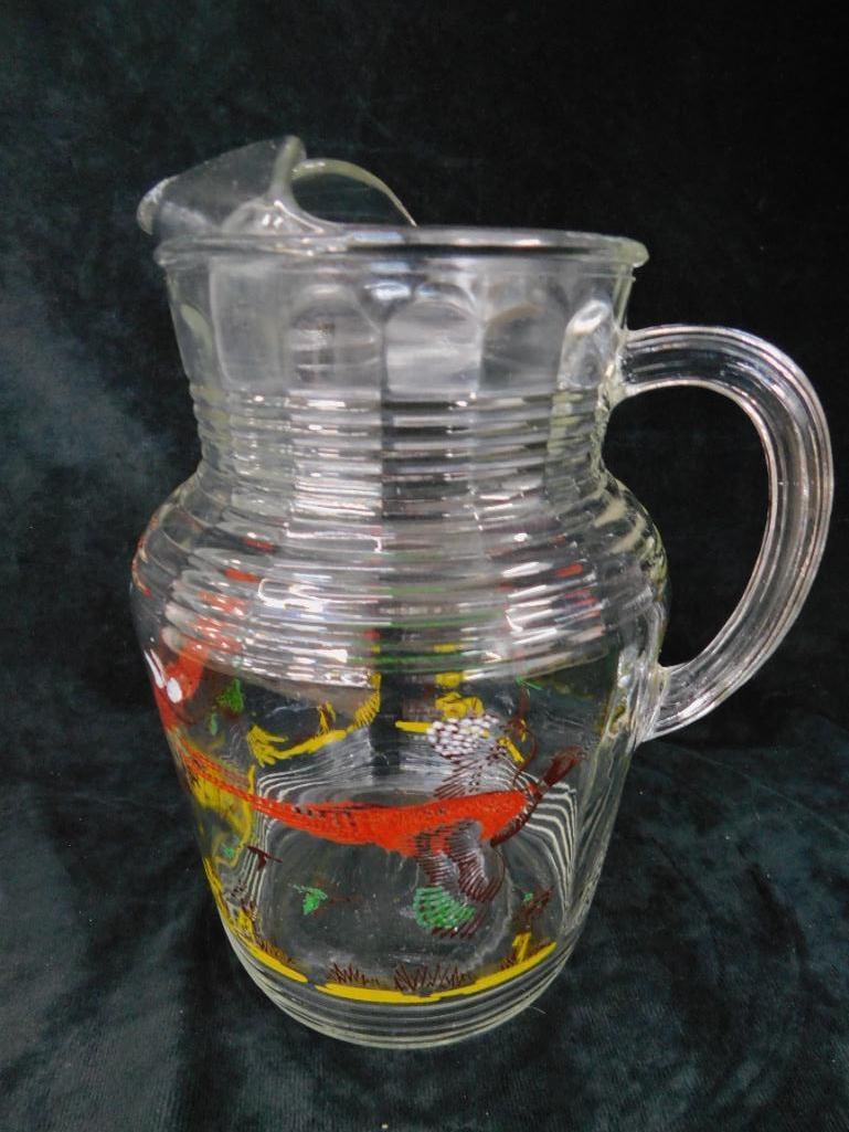 Vintage Glass Iced Tea / Water Pitcher - Pheasant Theme - 9.25" x 7" x 6" - 7
