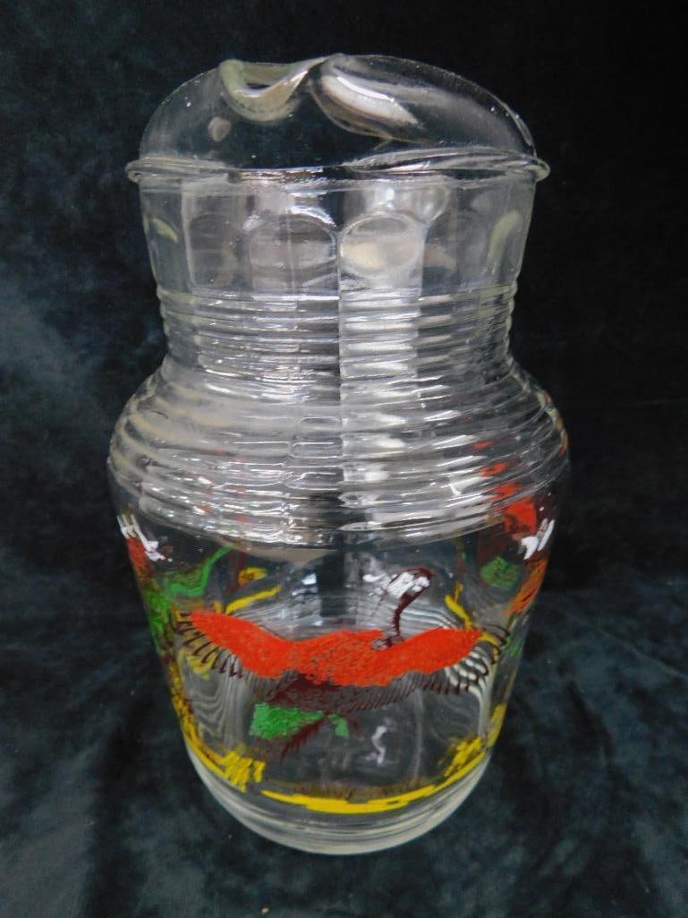 Vintage Glass Iced Tea / Water Pitcher - Pheasant Theme - 9.25" x 7" x 6" - 8
