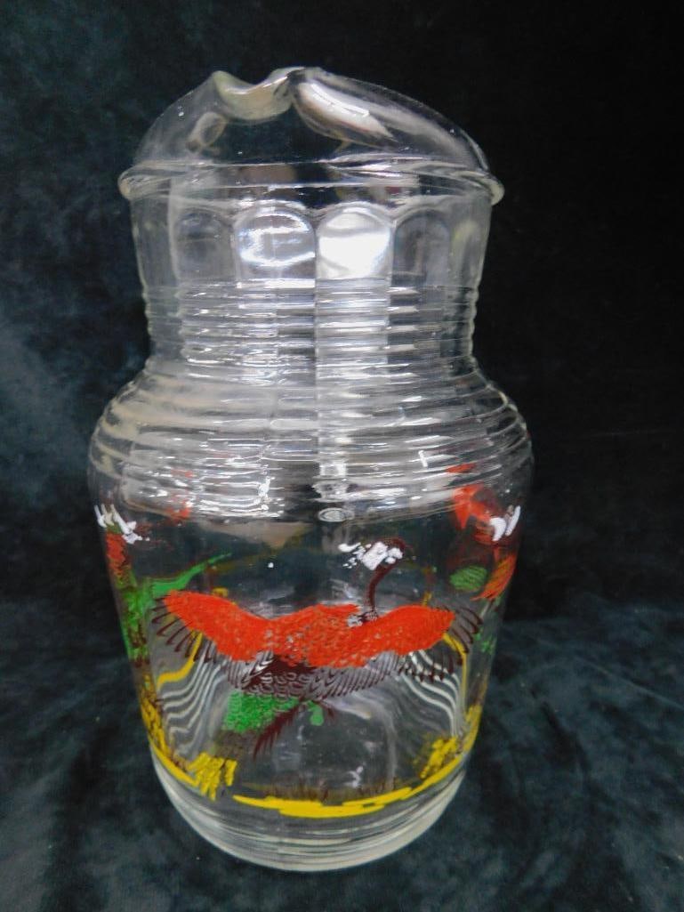 Vintage Glass Iced Tea / Water Pitcher - Pheasant Theme - 9.25" x 7" x 6" - 9