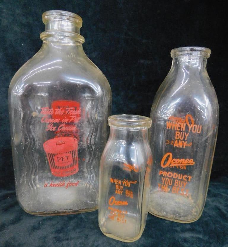 Vintage Oconee Dairy Bottles - 1 Qt and Half Pint - Red - Pet Dairy Half Gallon Bottle: See Photos For Condition and Details