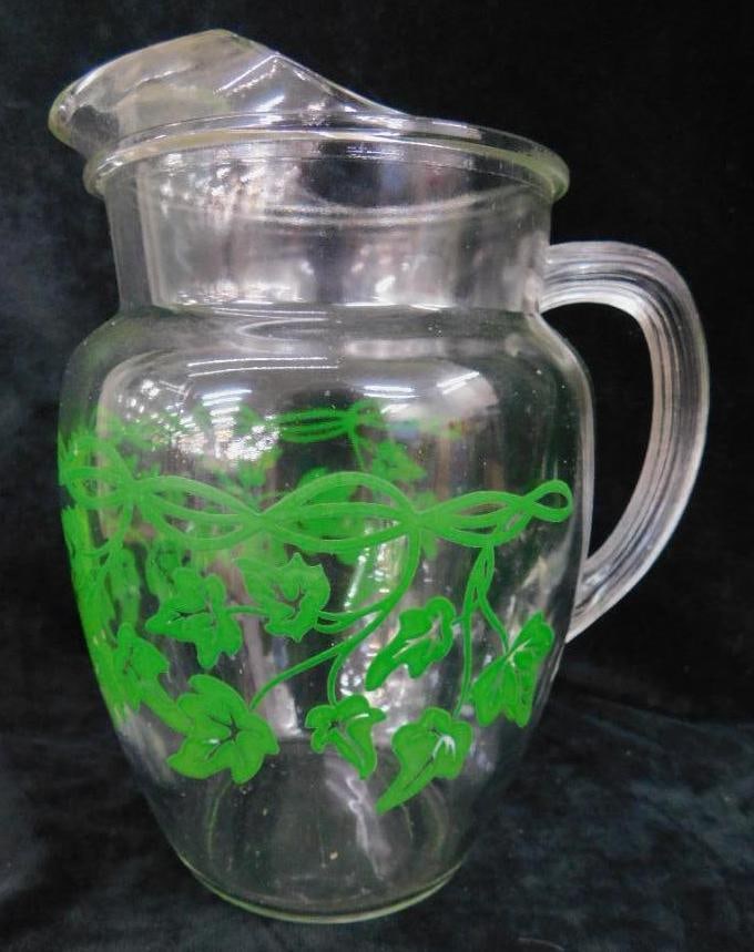 Vintage Glass Iced Tea / Water Pitcher - Ivy Theme - 9.5" x 8" x 6": See Photos For Condition and Details