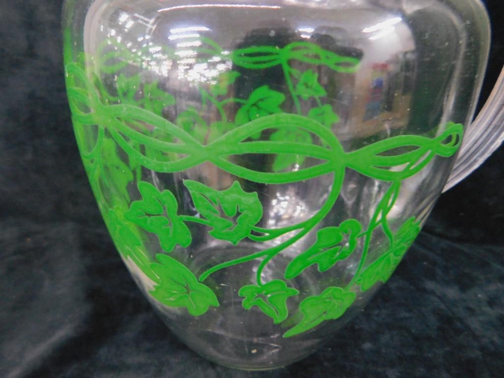 Vintage Glass Iced Tea / Water Pitcher - Ivy Theme - 9.5" x 8" x 6" - 2