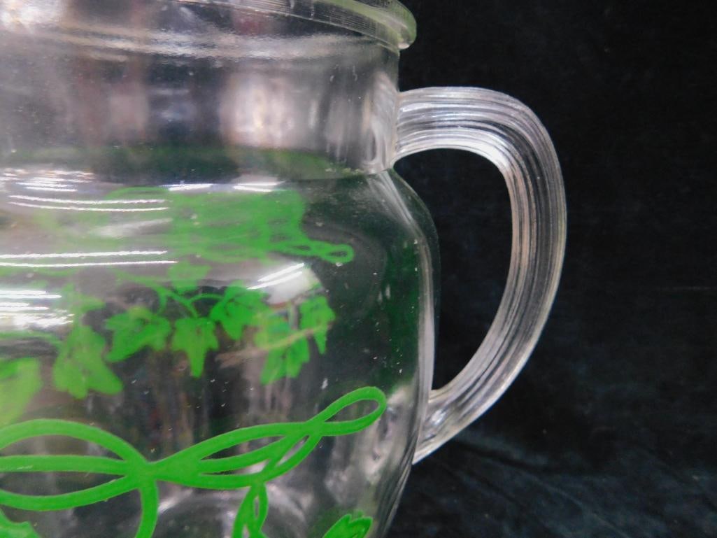 Vintage Glass Iced Tea / Water Pitcher - Ivy Theme - 9.5" x 8" x 6" - 3