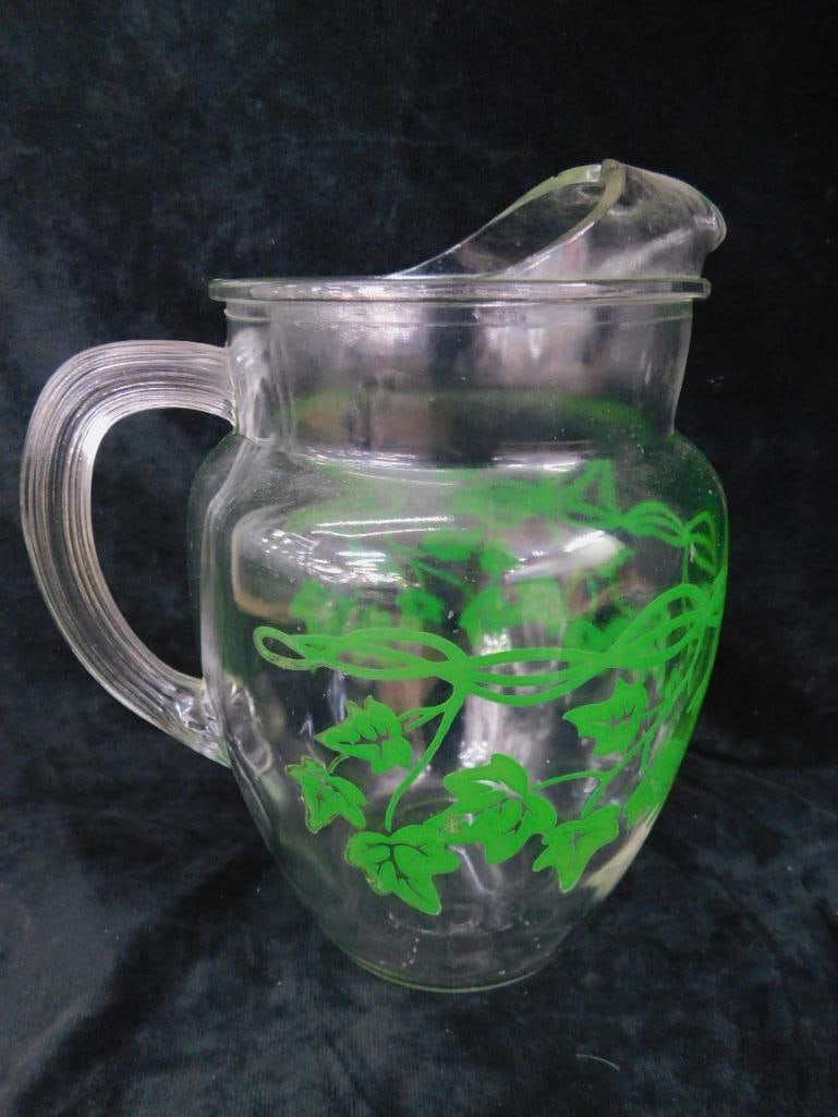 Vintage Glass Iced Tea / Water Pitcher - Ivy Theme - 9.5" x 8" x 6" - 5