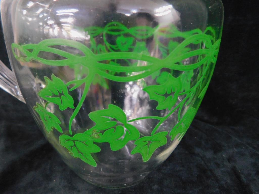 Vintage Glass Iced Tea / Water Pitcher - Ivy Theme - 9.5" x 8" x 6" - 6