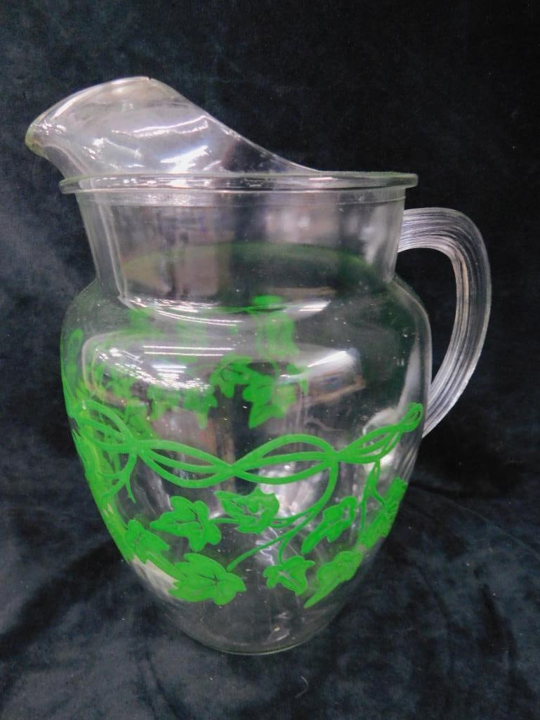 Vintage Glass Iced Tea / Water Pitcher - Ivy Theme - 9.5" x 8" x 6" - 7