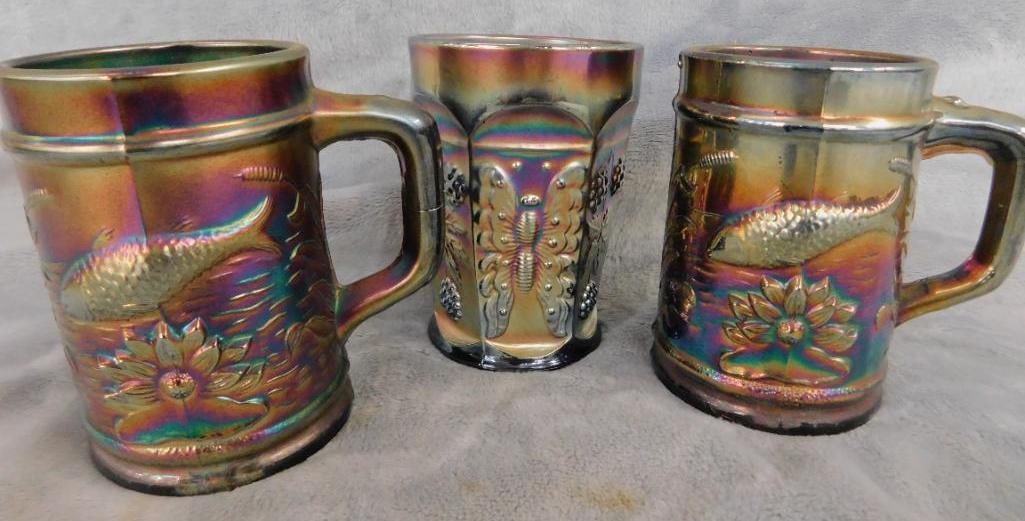 Carnival Glass - 2 Mugs with Black Base - 1 Cup with Cobalt Base - All 4" Tall: See Photos For Condition and Details