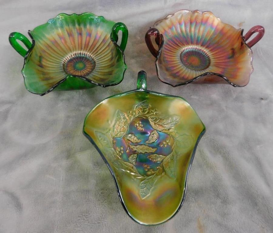 Carnival Glass - 3 Handled Bowls - 2 Green Base - 1 Amethyst Base - 3" to 3.25" Tall: 7" Wide - See Photos For Condition and Details