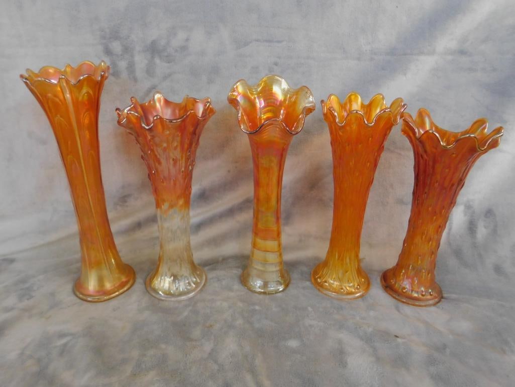 Carnival Glass - 5 Iridescent Orange Vases - 9.75" to 11" Tall - 10