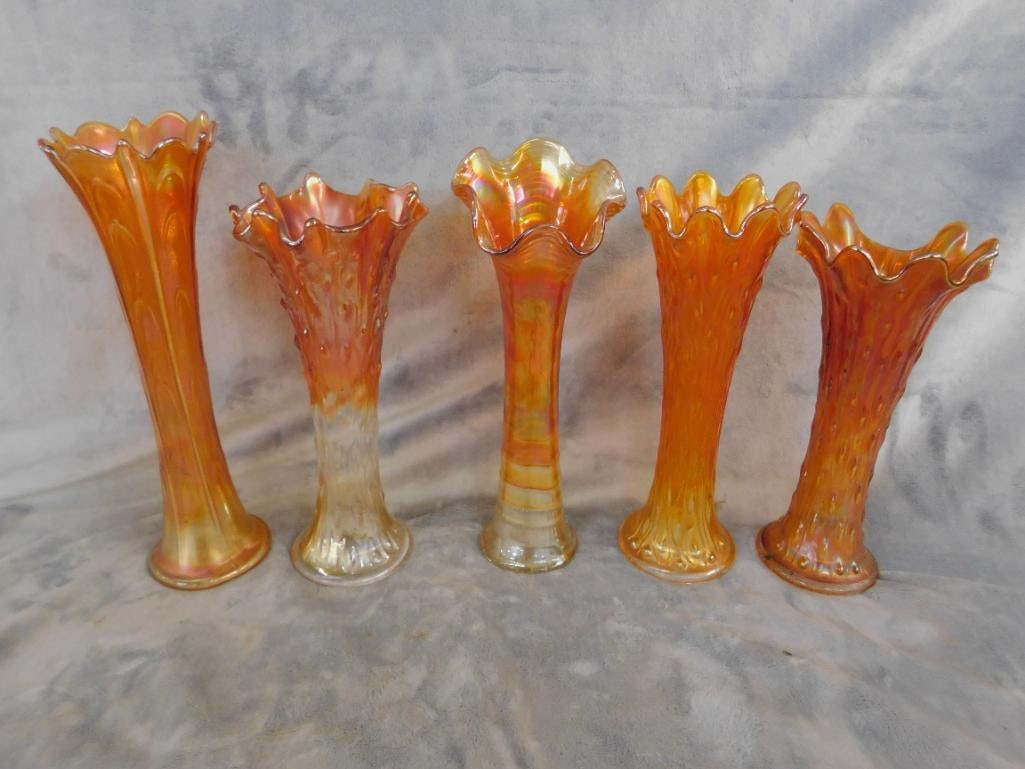 Carnival Glass - 5 Iridescent Orange Vases - 9.75" to 11" Tall - 11