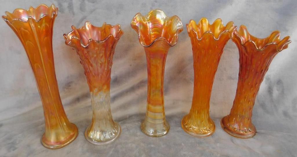 Carnival Glass - 5 Iridescent Orange Vases - 9.75" to 11" Tall: See Photos For Condition and Details
