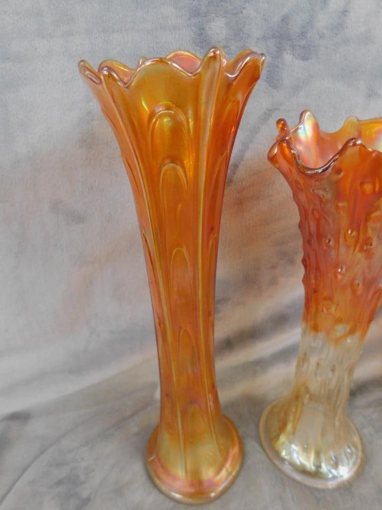 Carnival Glass - 5 Iridescent Orange Vases - 9.75" to 11" Tall - 2