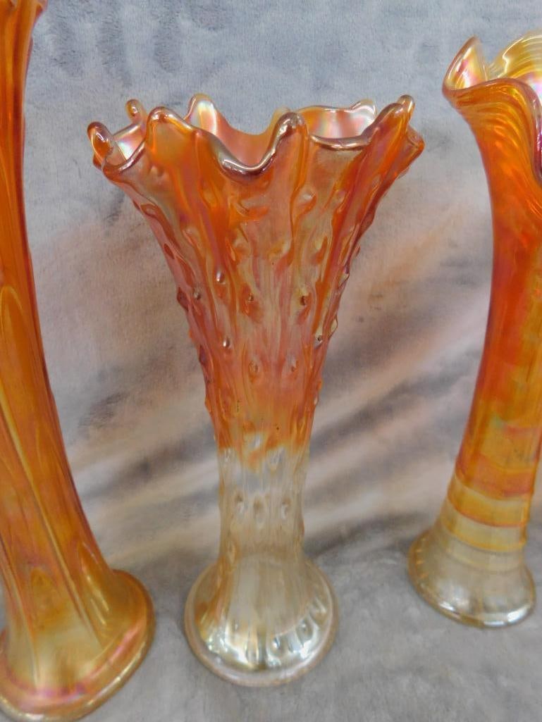 Carnival Glass - 5 Iridescent Orange Vases - 9.75" to 11" Tall - 3