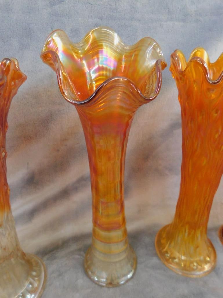 Carnival Glass - 5 Iridescent Orange Vases - 9.75" to 11" Tall - 4