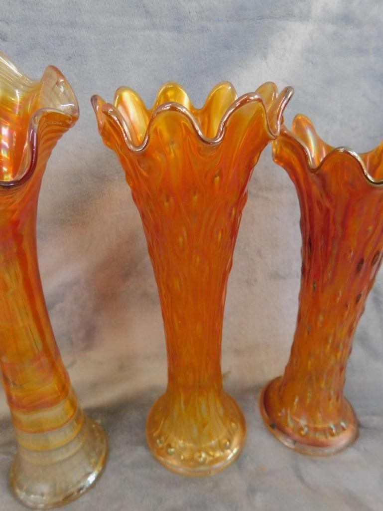 Carnival Glass - 5 Iridescent Orange Vases - 9.75" to 11" Tall - 5