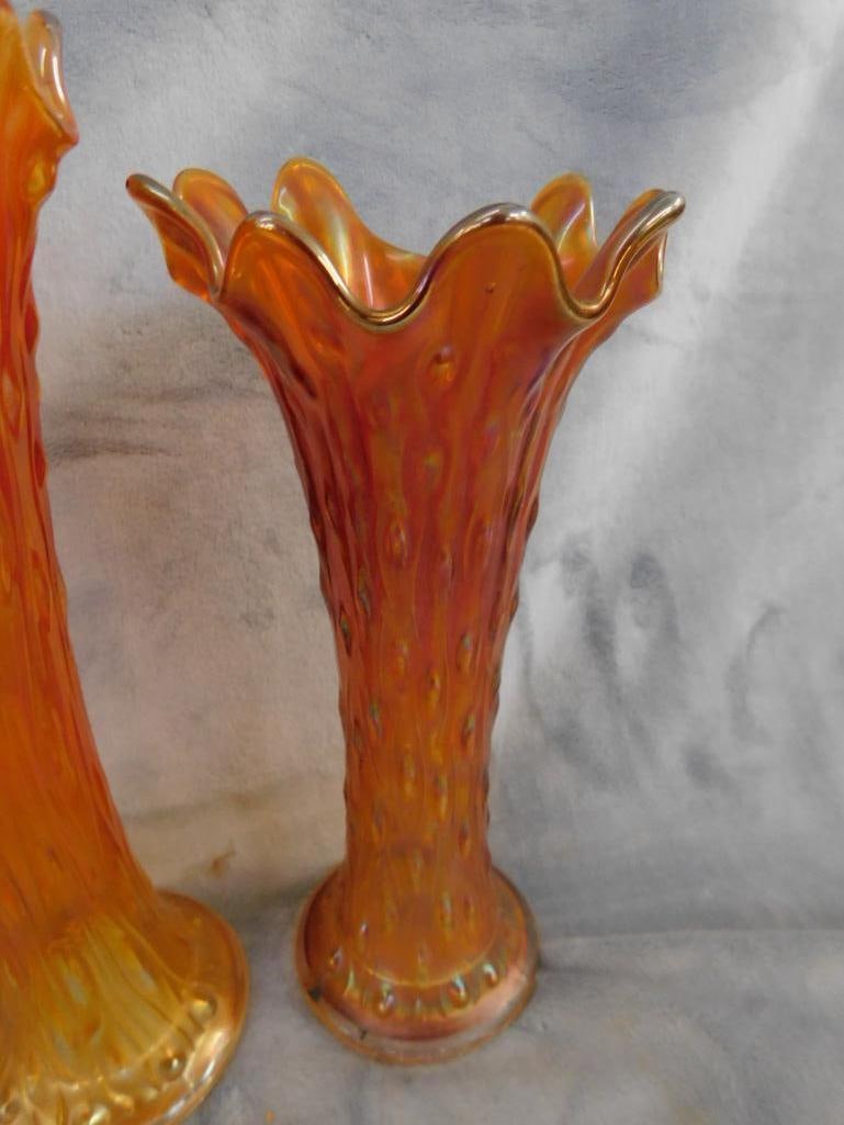 Carnival Glass - 5 Iridescent Orange Vases - 9.75" to 11" Tall - 6