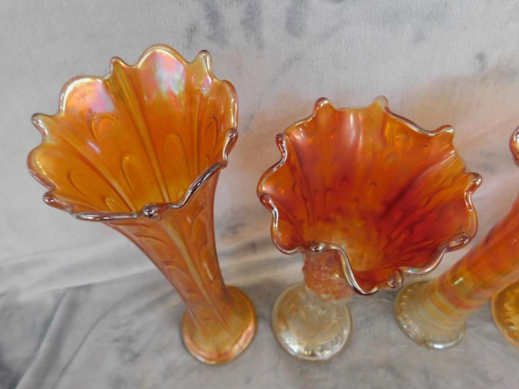 Carnival Glass - 5 Iridescent Orange Vases - 9.75" to 11" Tall - 7
