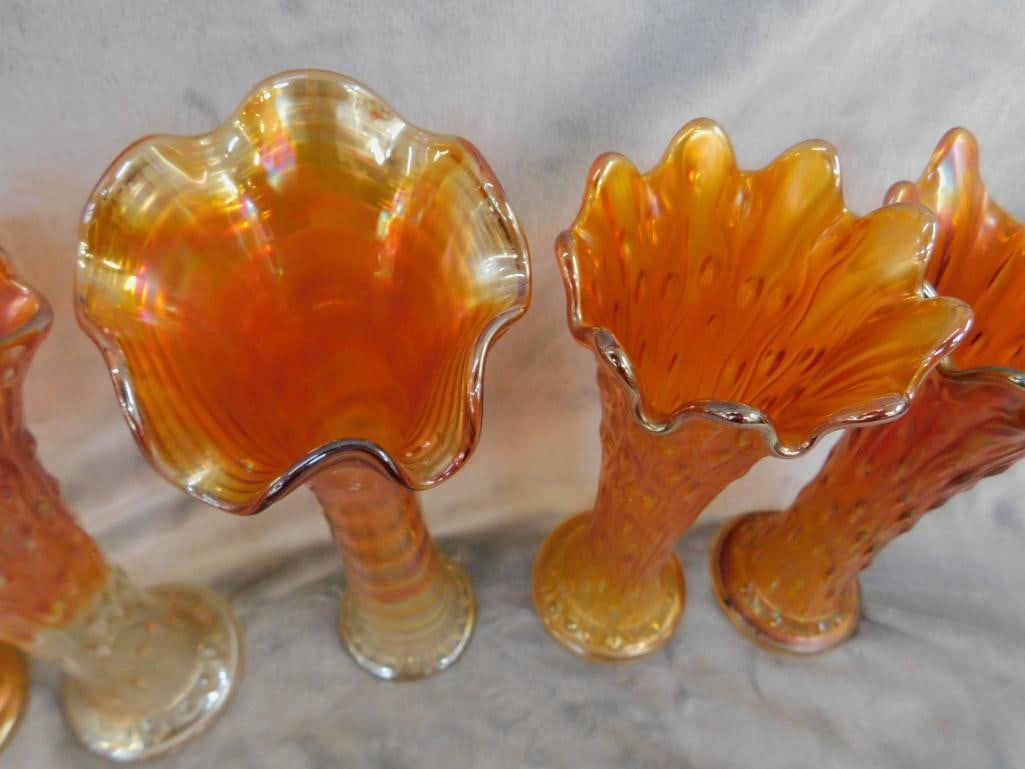 Carnival Glass - 5 Iridescent Orange Vases - 9.75" to 11" Tall - 8