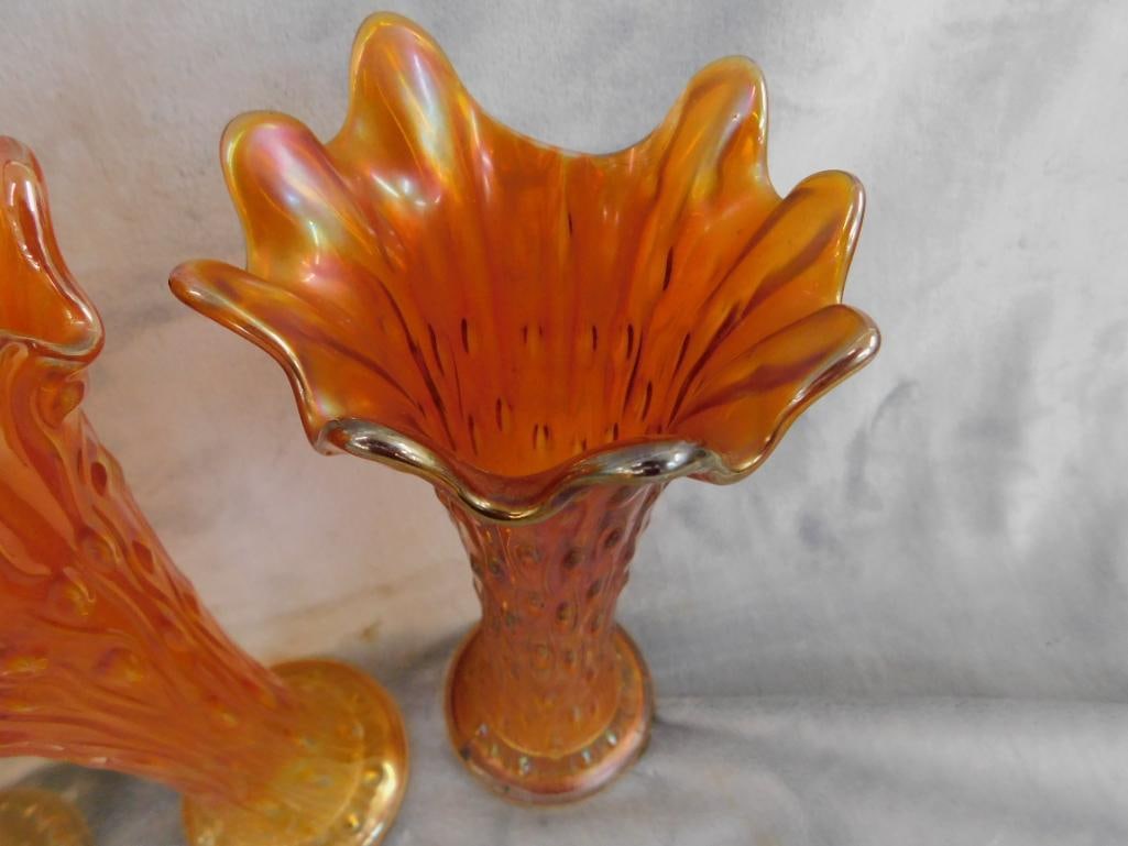 Carnival Glass - 5 Iridescent Orange Vases - 9.75" to 11" Tall - 9