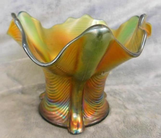 Carnival Glass - Northwood - Green Glass Base - 3 Sided Vase - 4.25" x 6": See Photos For Condition and Details