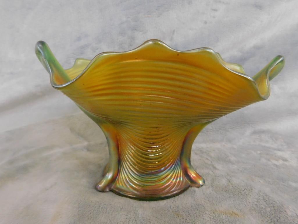 Carnival Glass - Northwood - Green Glass Base - 3 Sided Vase - 4.25" x 6" - 2