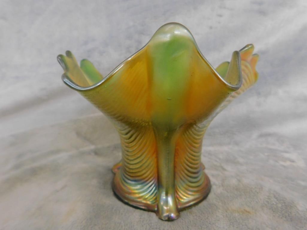 Carnival Glass - Northwood - Green Glass Base - 3 Sided Vase - 4.25" x 6" - 3
