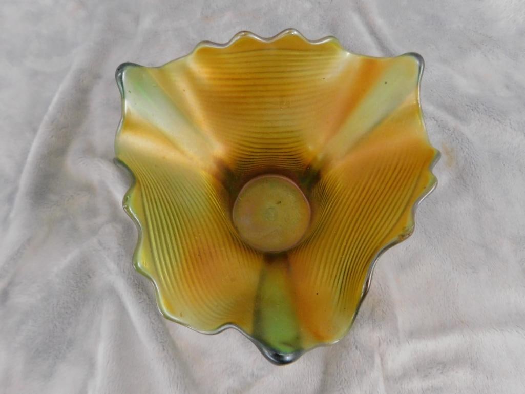 Carnival Glass - Northwood - Green Glass Base - 3 Sided Vase - 4.25" x 6" - 4