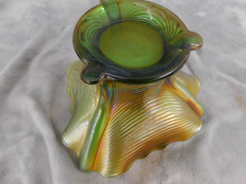 Carnival Glass - Northwood - Green Glass Base - 3 Sided Vase - 4.25" x 6" - 5