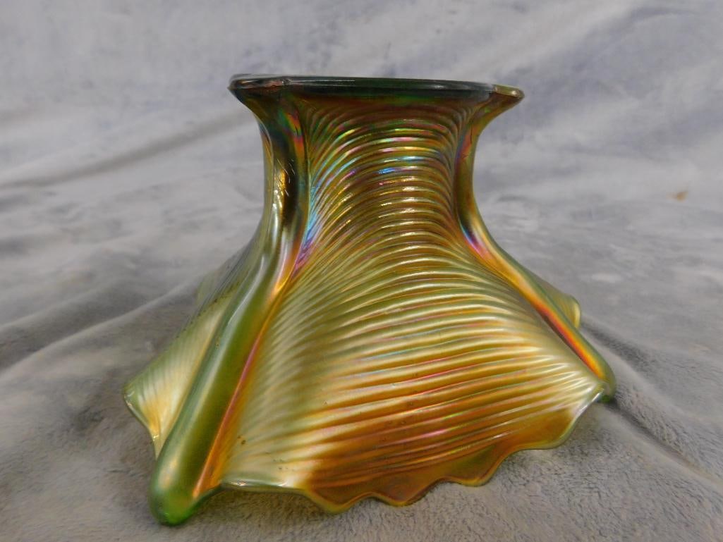 Carnival Glass - Northwood - Green Glass Base - 3 Sided Vase - 4.25" x 6" - 7