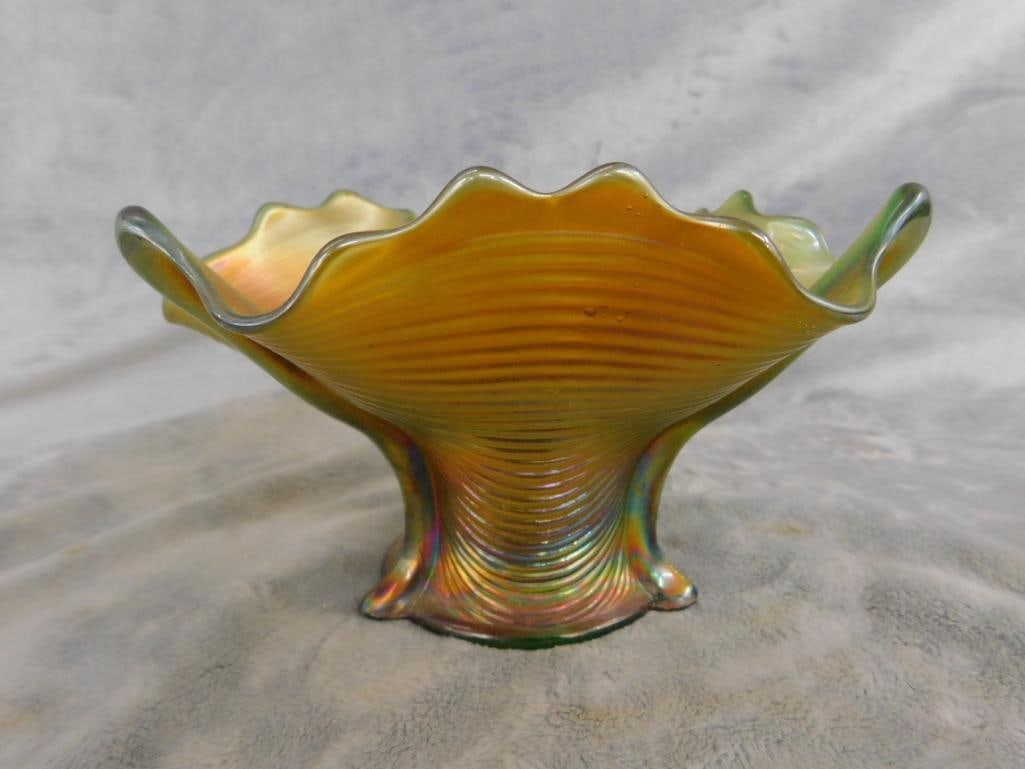 Carnival Glass - Northwood - Green Glass Base - 3 Sided Vase - 4.25" x 6" - 8