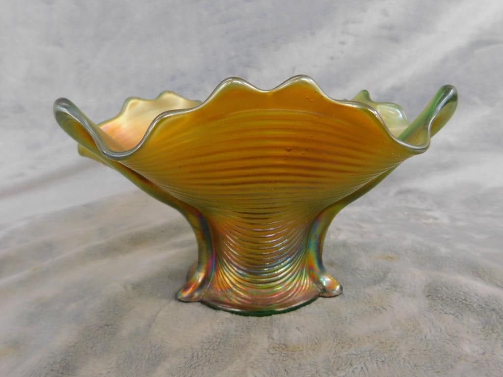 Carnival Glass - Northwood - Green Glass Base - 3 Sided Vase - 4.25" x 6" - 9