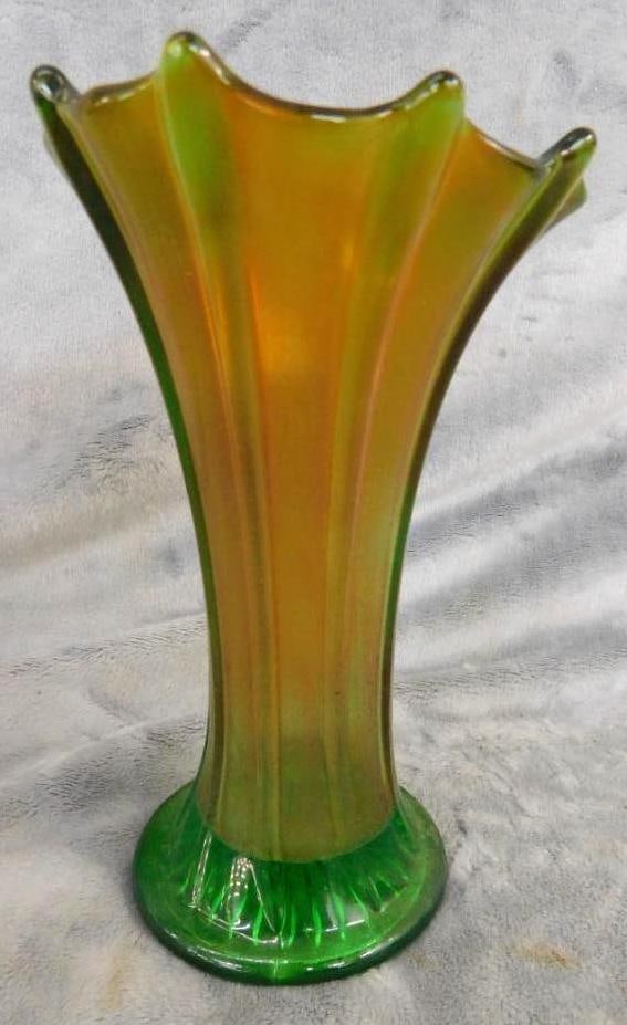 Carnival Glass - Vase - Green Glass Base - 8" x 5": See Photos For Condition and Details