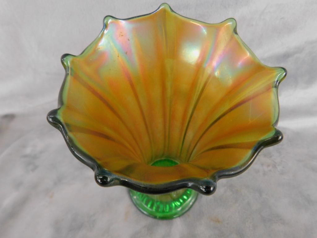 Carnival Glass - Vase - Green Glass Base - 8" x 5" - 2