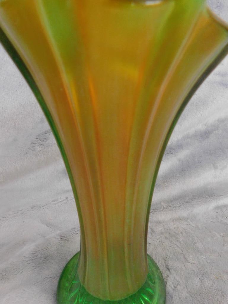 Carnival Glass - Vase - Green Glass Base - 8" x 5" - 3