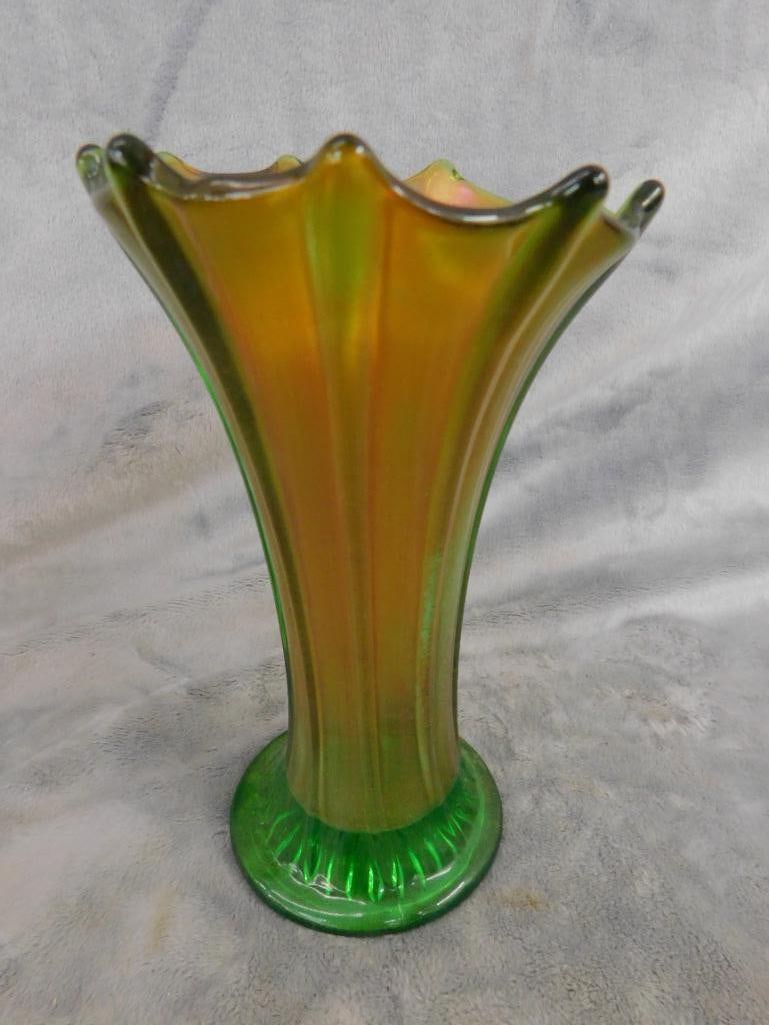 Carnival Glass - Vase - Green Glass Base - 8" x 5" - 6