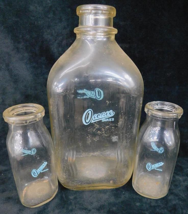 Vintage Oconee Dairy Bottles - 1 Qt and 2 Half Pint - Pet Dairy Half Gallon Bottle - Blue: See Photos For Condition and Details