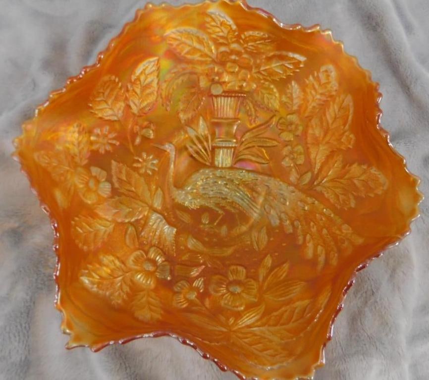 Carnival Glass - Iridescent Orange Bowl - Peacock and Flowers - 2.5" x 9": See Photos For Condition and Details