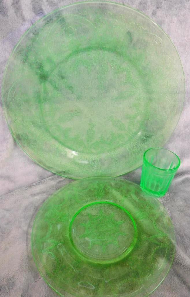 Depression Vaseline / Uranium Glass - 11.5" Plate - 8" Plate - 3" Cup: See Photos For Condition and Details